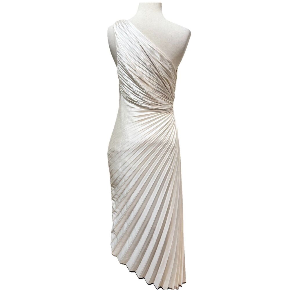 Dress Forum Olympia One Shoulder Pleated Asymmetric Maxi Dress Medium Ivory New - Picture 6 of 11